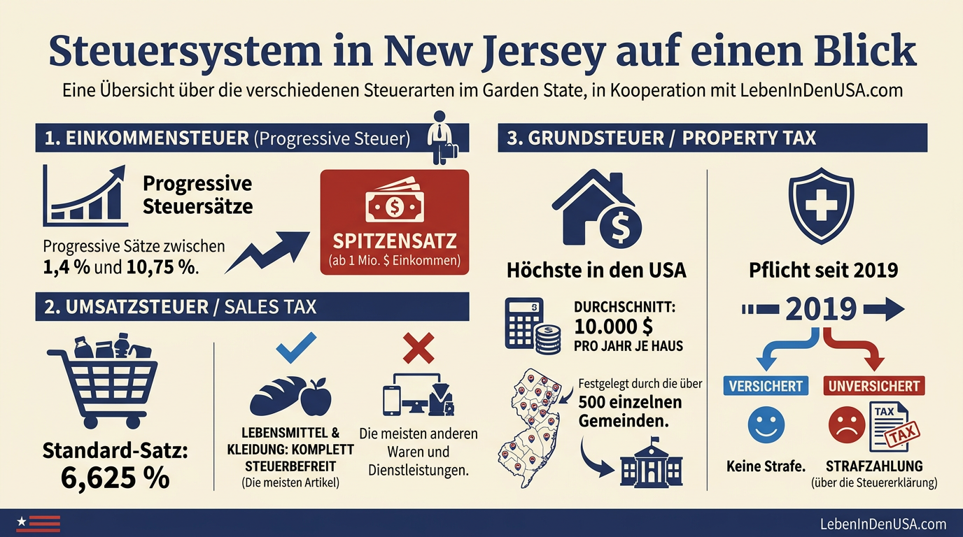 Infografik zum Steuersystem in New Jersey mit Details zu Einkommensteuer, Sales Tax, Grundsteuer und Krankenversicherungspflicht.