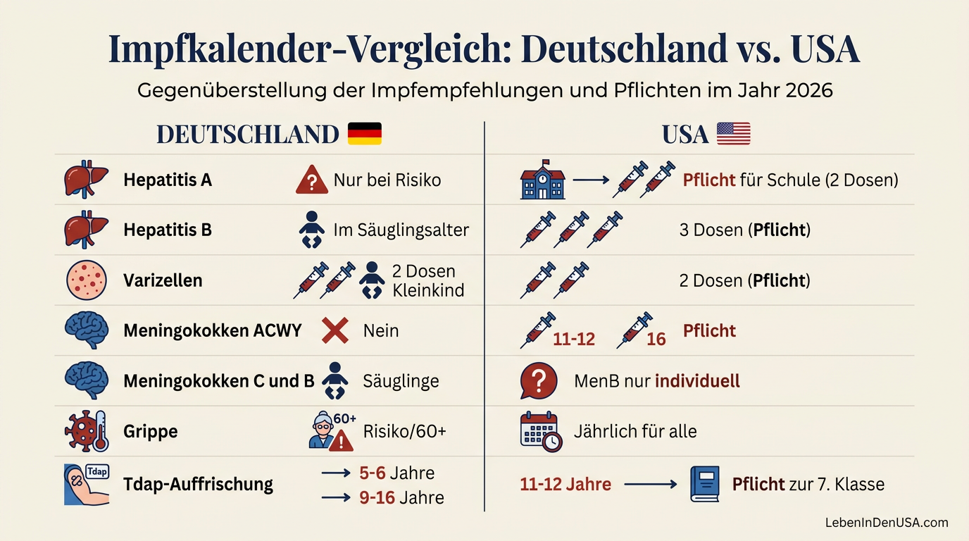 Vergleichstabelle der Impfvorgaben zwischen Deutschland (STIKO) und den USA für Kinder und Jugendliche.