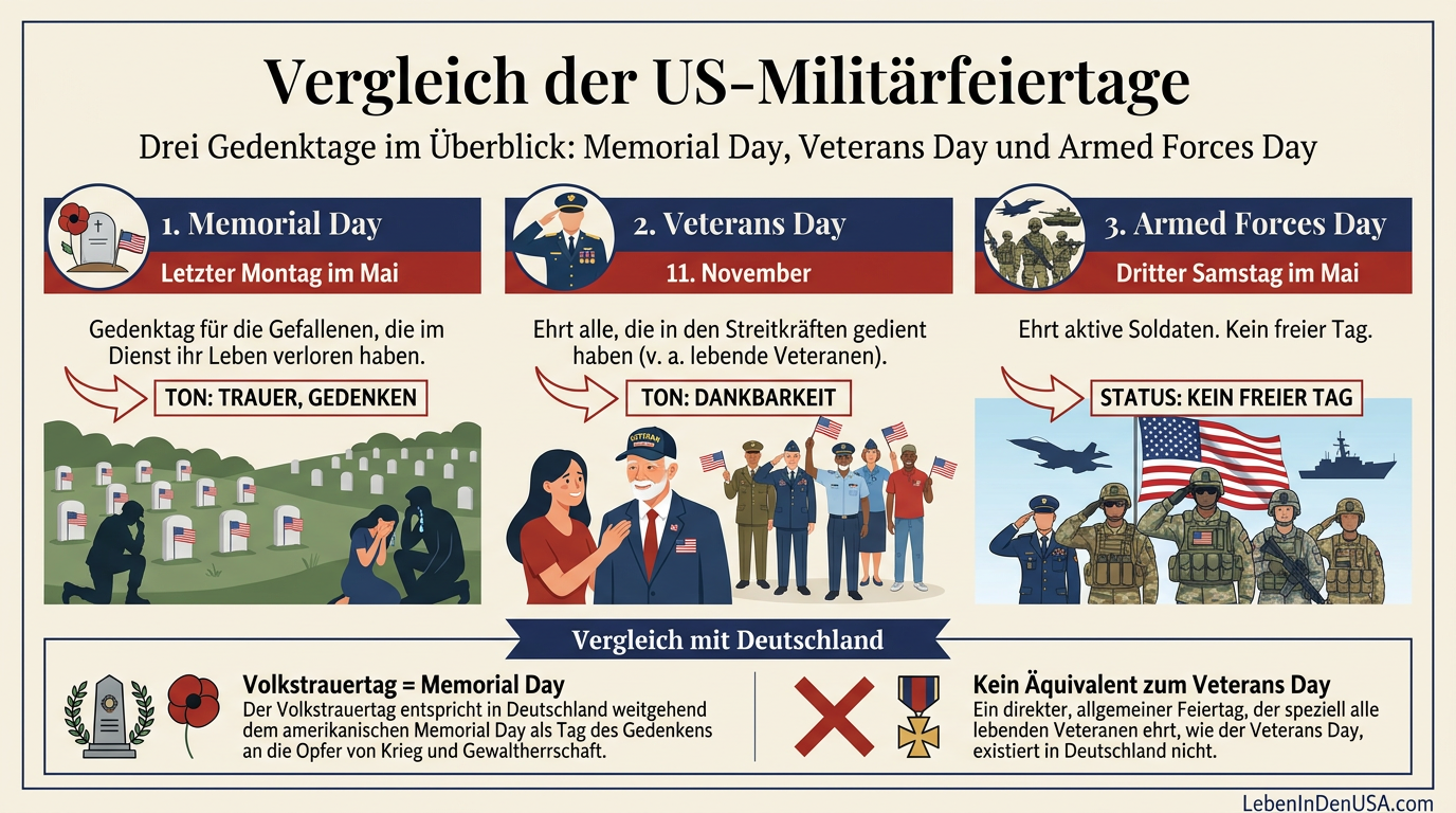 Vergleichsgrafik zwischen Memorial Day, Veterans Day und Armed Forces Day sowie dem deutschen Volkstrauertag