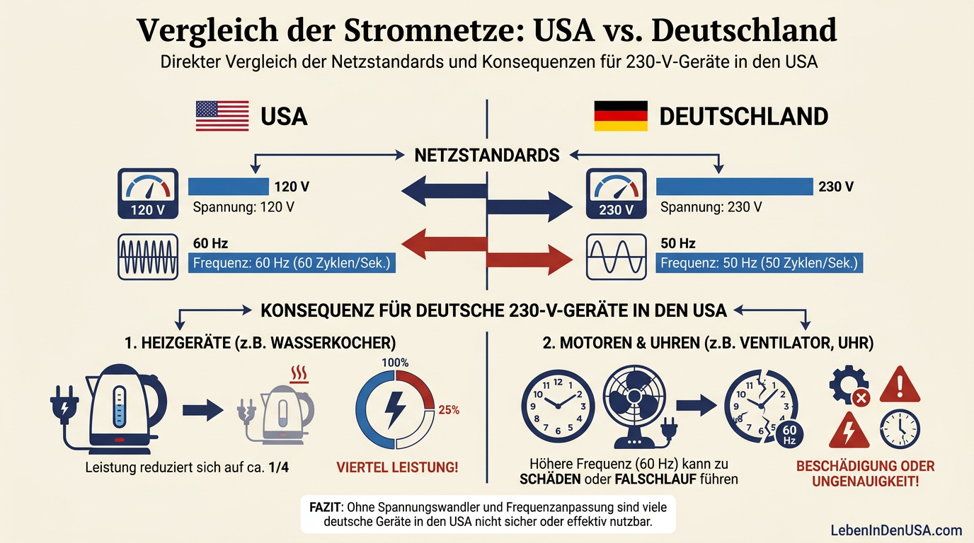 Infografik zum Vergleich von Spannung und Frequenz zwischen den USA und Deutschland.