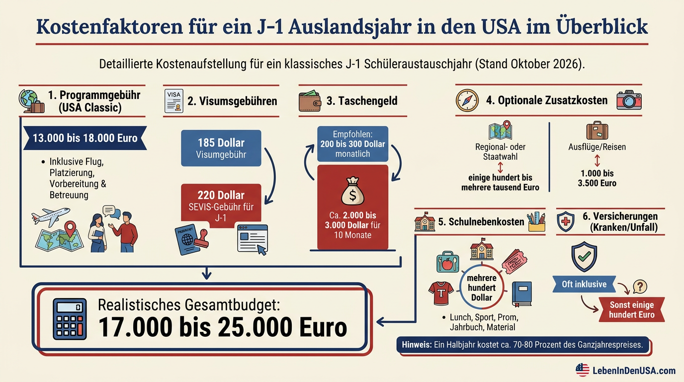 Infografik mit einer detaillierten Kostenaufstellung und Budgetverteilung für ein J-1 High School Jahr in den USA.