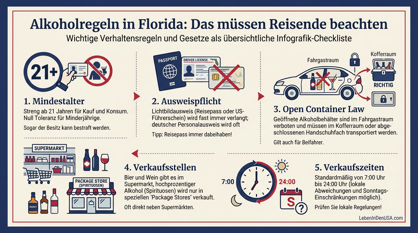 Infografik-Checkliste zu den Alkoholgesetzen und Kaufregeln für Touristen in Florida.