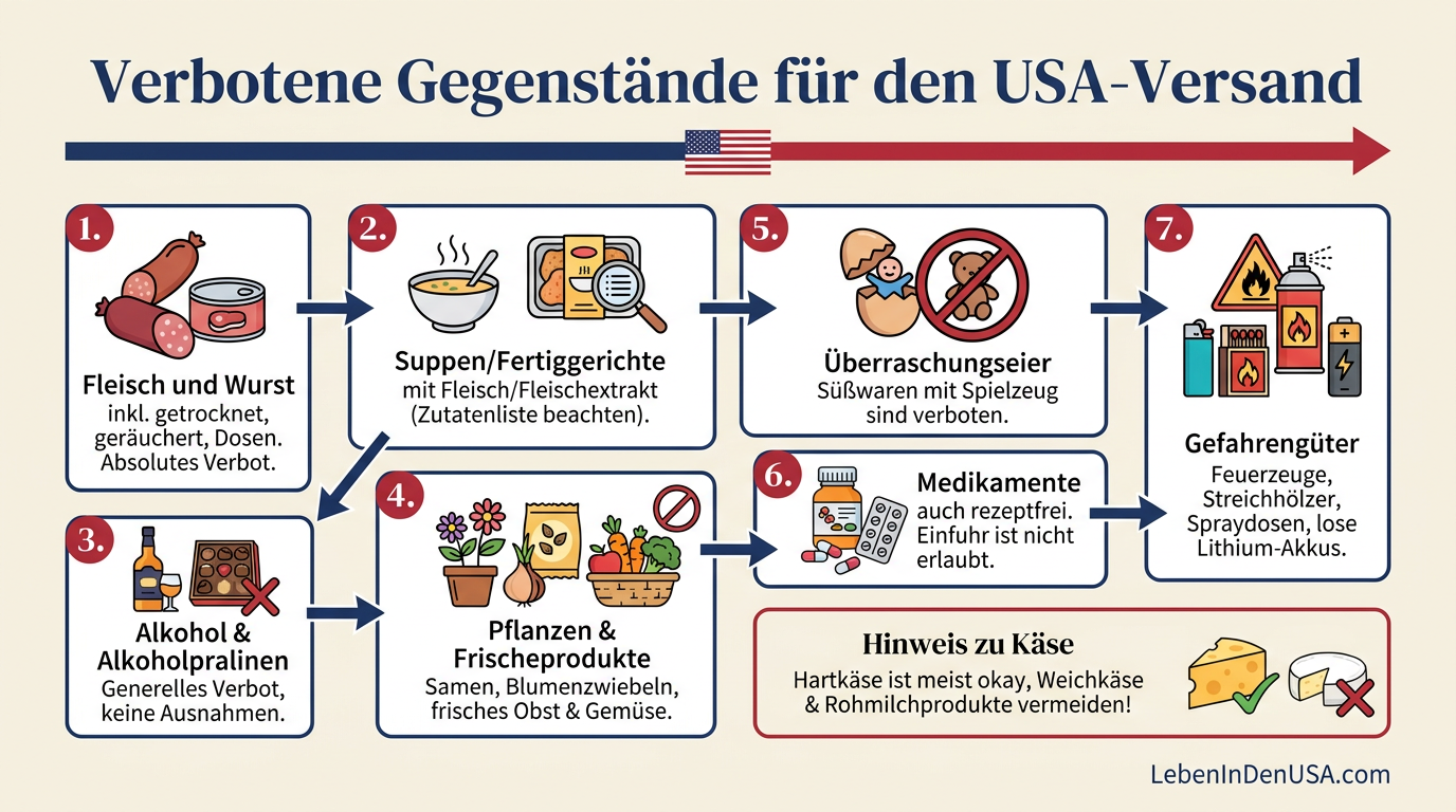 Infografik zeigt eine Verbotsliste für den Paketversand aus Deutschland in die USA mit verbotenen Lebensmitteln und Gegenständen.