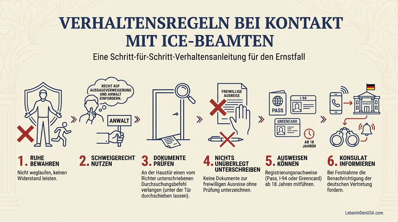 Checkliste mit rechtlichen Hinweisen und Verhaltensregeln bei einer Kontrolle durch ICE-Beamte in den USA.