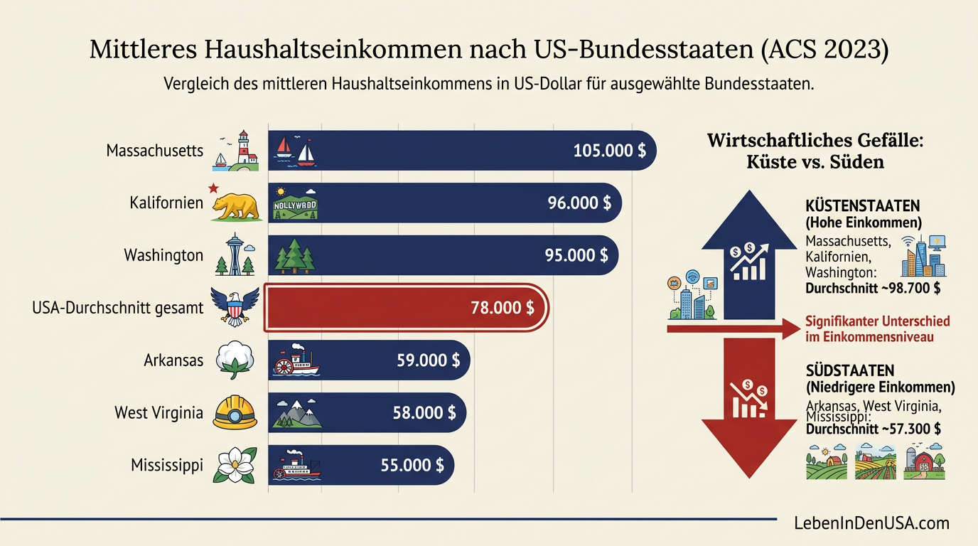 Infografik: Mittleres Haushaltseinkommen in ausgewählten US-Bundesstaaten im Vergleich