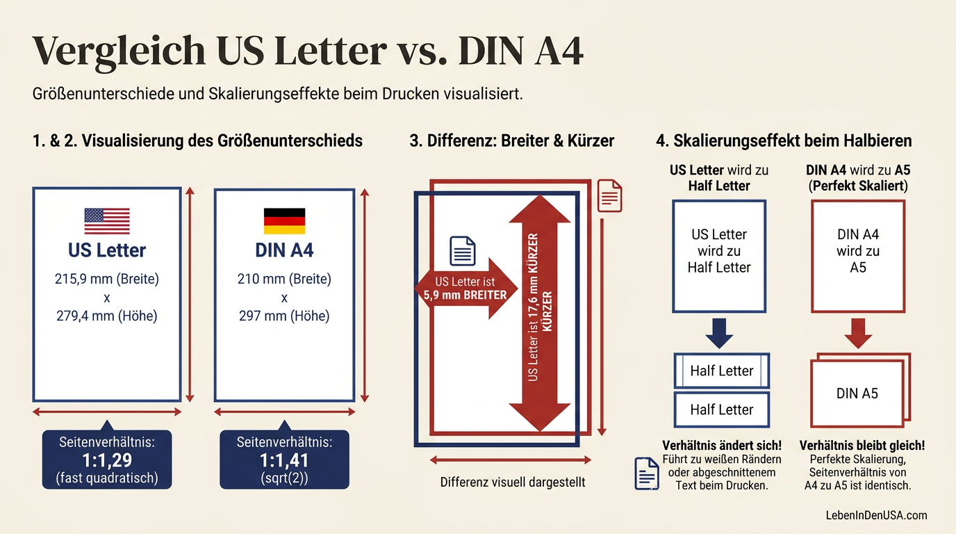Infografik zum visuellen Vergleich zwischen US Letter und DIN A4 Papierformaten mit Maßen und Seitenverhältnissen.
