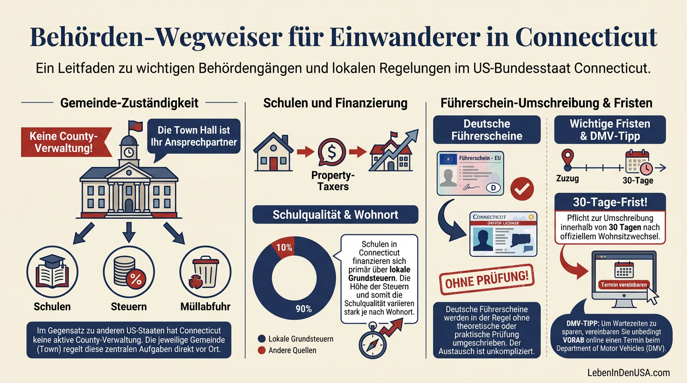 Infografik mit Tipps zur Bürokratie und Führerschein-Umschreibung für Einwanderer in Connecticut