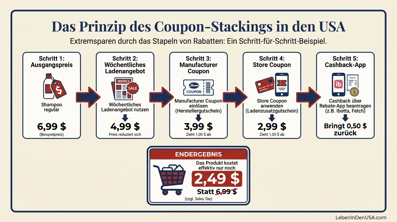 Infografik zur Funktionsweise von Coupon-Stacking in den USA am Beispiel eines Shampoos