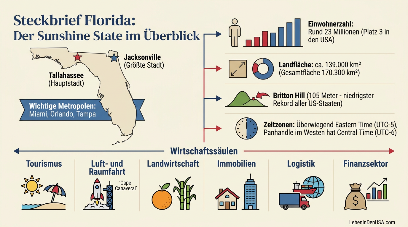 Infografik mit den wichtigsten Daten und Fakten zum US-Bundesstaat Florida wie Einwohnerzahl, Fläche und Wirtschaftszweige.