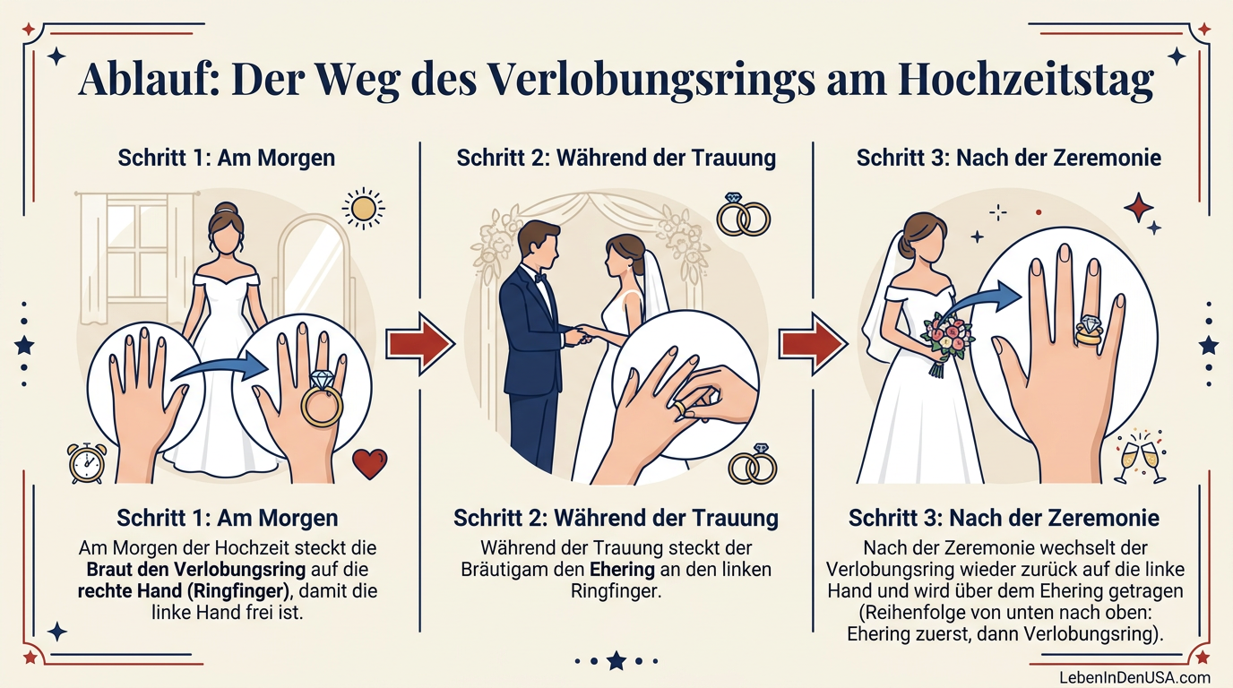 Infografik zum Ablauf: In drei Schritten wandert der Verlobungsring am Hochzeitstag nach US-amerikanischer Tradition von der rechten zur linken Hand.