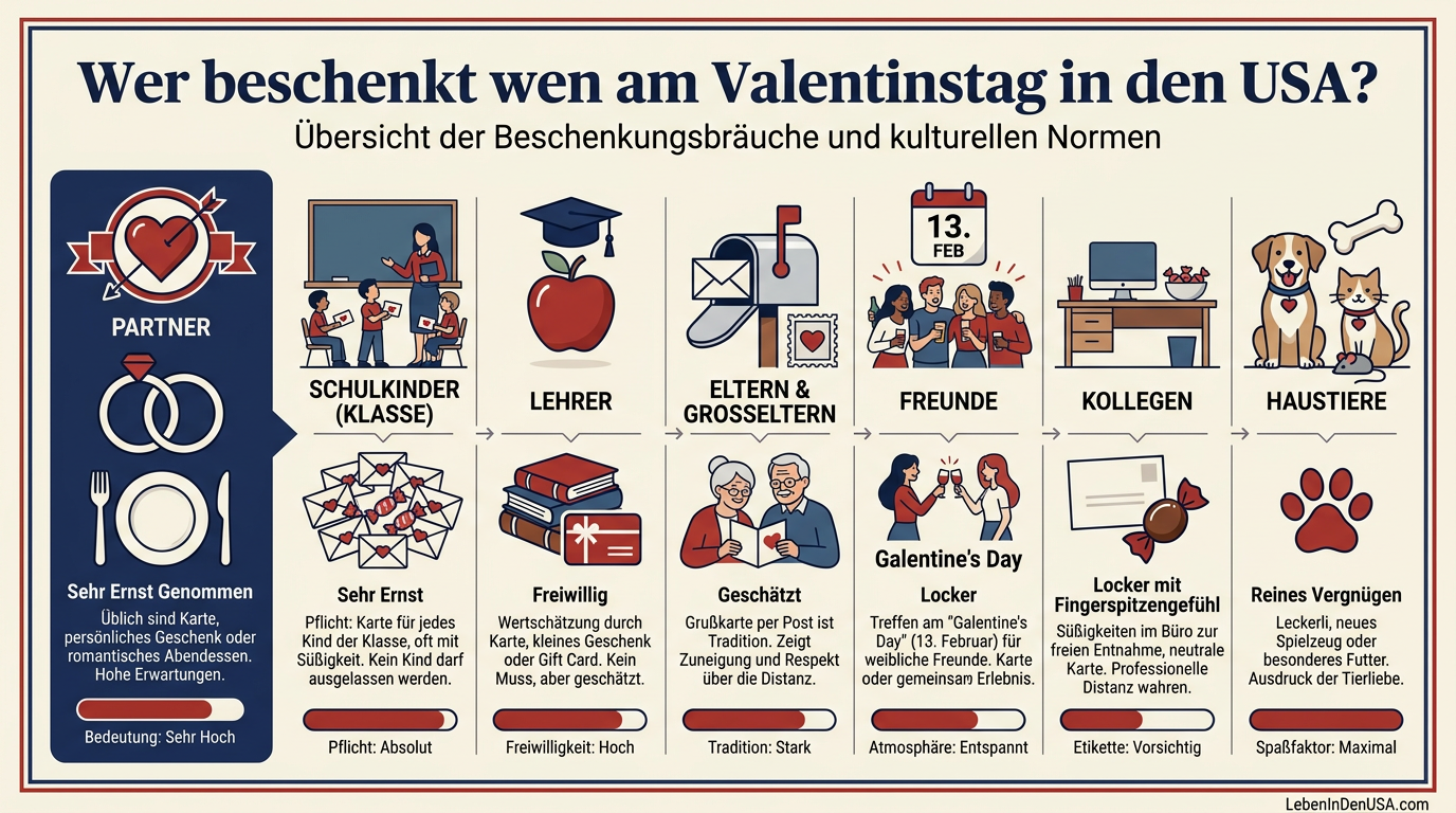 Infografik-Tabelle zu den Schenkgewohnheiten am Valentinstag in den USA nach Zielgruppen von Partnern bis Haustieren.