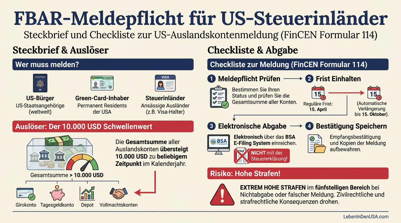 Infografik Steckbrief und Checkliste zur FBAR-Meldepflicht für Auslandskonten bei Steuerpflicht in den USA.