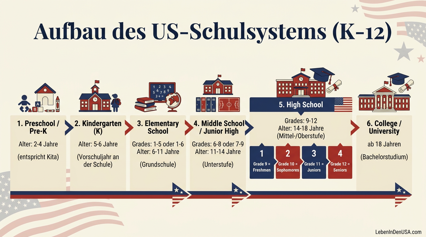 Infografik zum Aufbau des amerikanischen Schulsystems (K-12) nach Altersstufen und Schulformen.