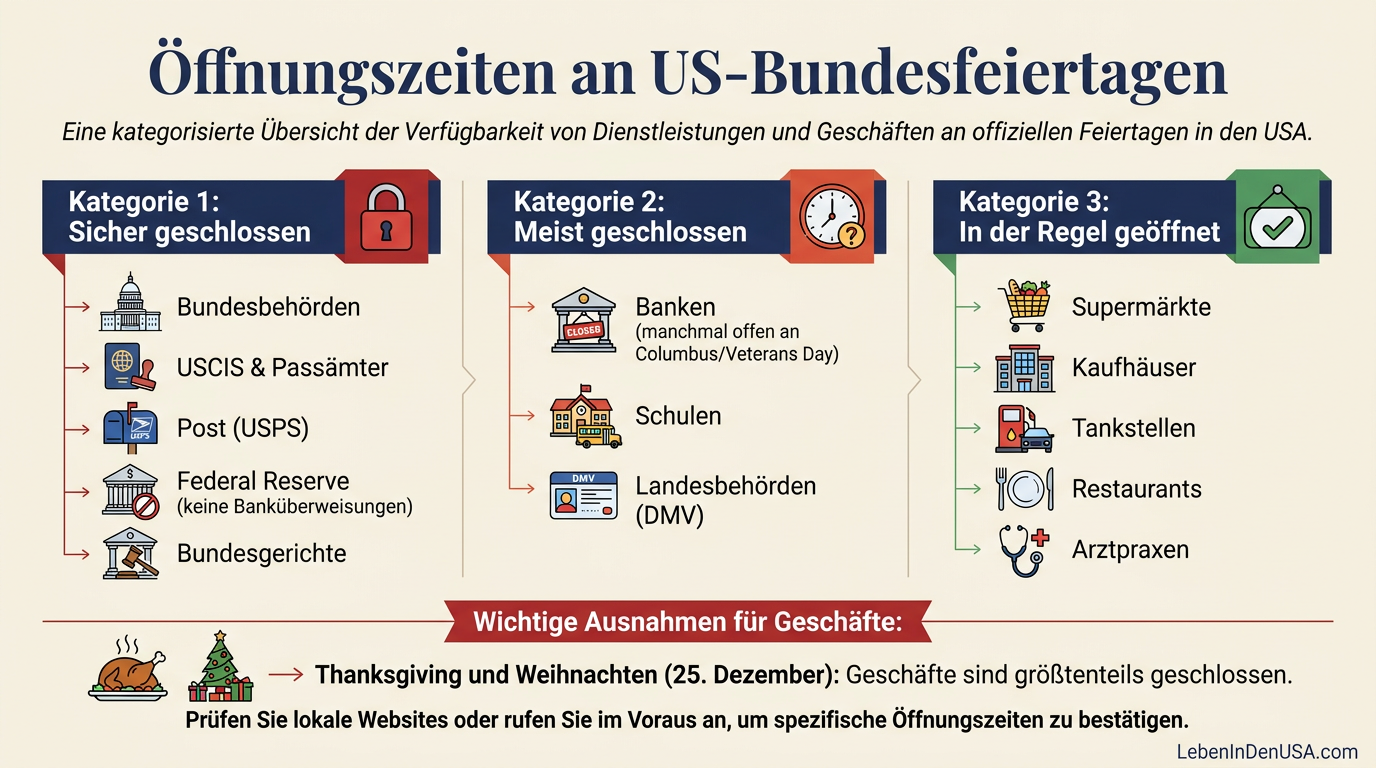 Infografik mit Übersicht, was an US-Bundesfeiertagen geöffnet oder geschlossen hat.