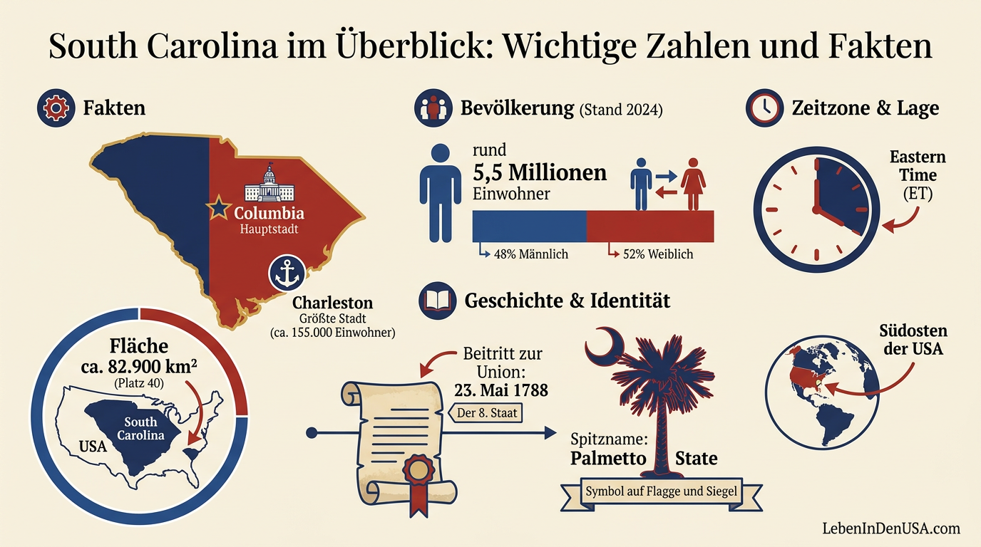 Steckbrief-Infografik für South Carolina mit Daten zu Hauptstadt, Einwohnerzahl, Fläche und Beitrittsdatum.
