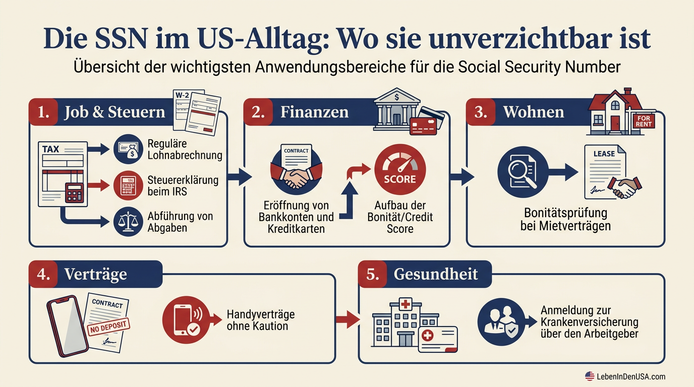 Infografik zeigt die vielfältigen Verwendungszwecke der Social Security Number im amerikanischen Alltag wie Finanzen, Job und Wohnen.