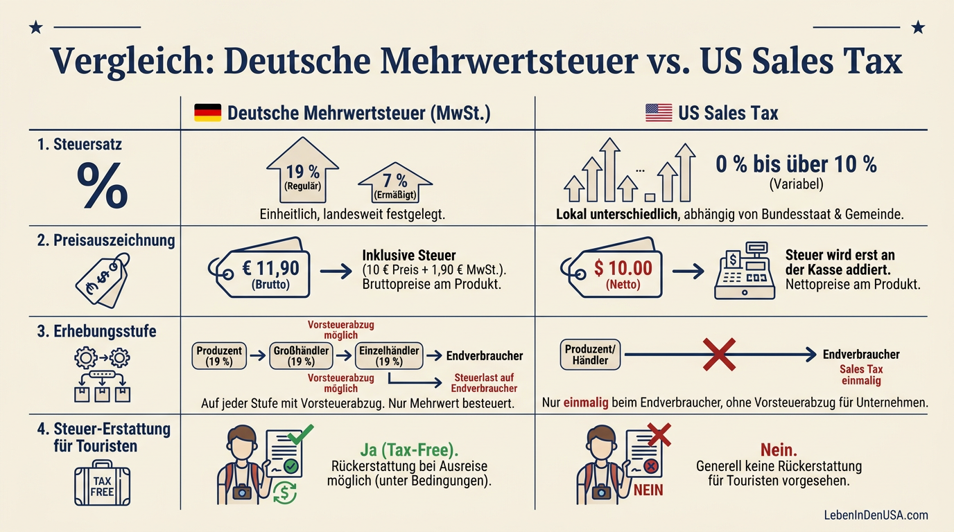 Vergleichstabelle zwischen der deutschen Mehrwertsteuer und der US-amerikanischen Sales Tax bezüglich Steuersätzen, Preisauszeichnung und Steuerstufen.
