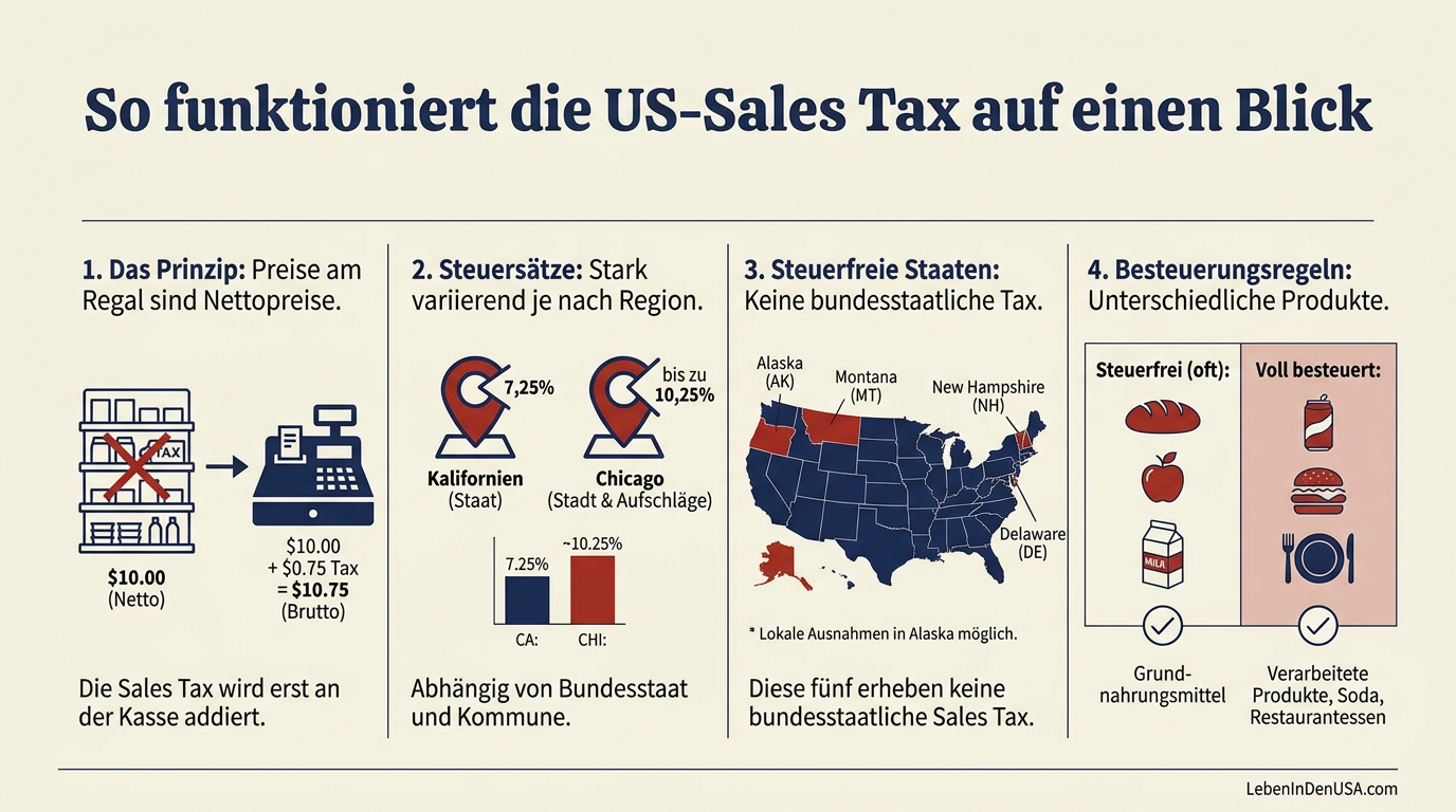 Übersichtsgrafik zur Funktionsweise der Sales Tax in den USA mit Beispielen für Steuersätze und steuerfreie Staaten