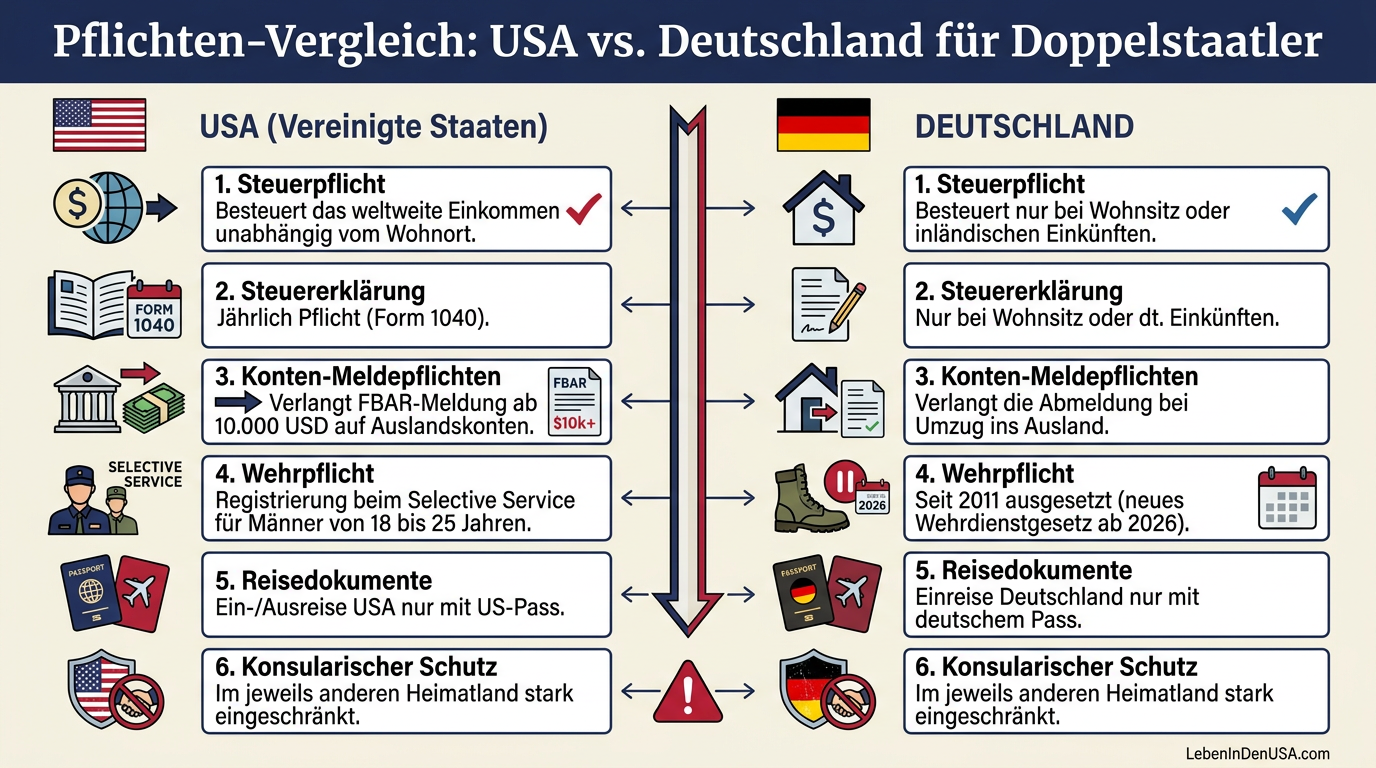 Infografik-Tabelle zum Vergleich der Pflichten bei doppelter Staatsbürgerschaft zwischen den USA und Deutschland bezüglich Steuern, Meldepflichten, Pässen und Wehrdienst.