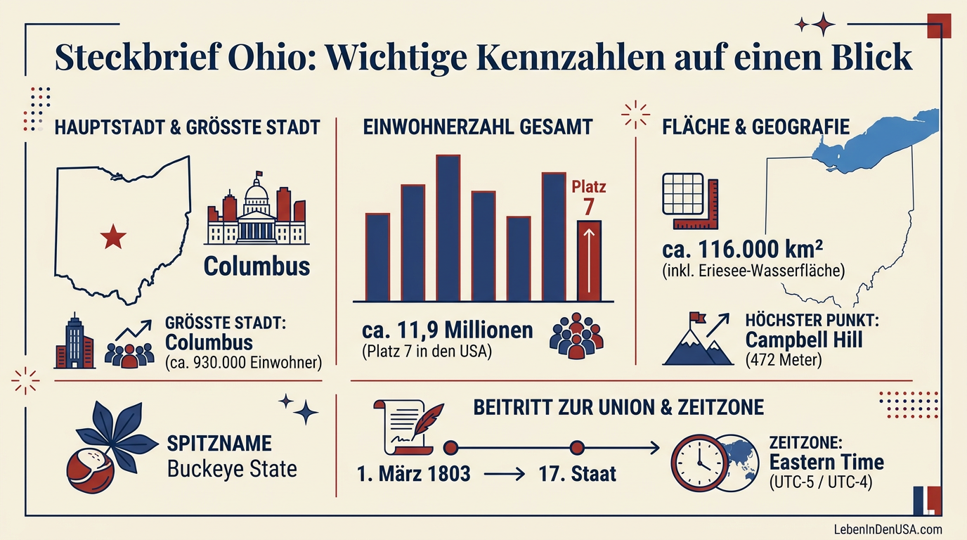 Infografik mit den wichtigsten Kennzahlen und Fakten zum US-Bundesstaat Ohio wie Einwohnerzahl, Fläche und Beitrittsdatum.