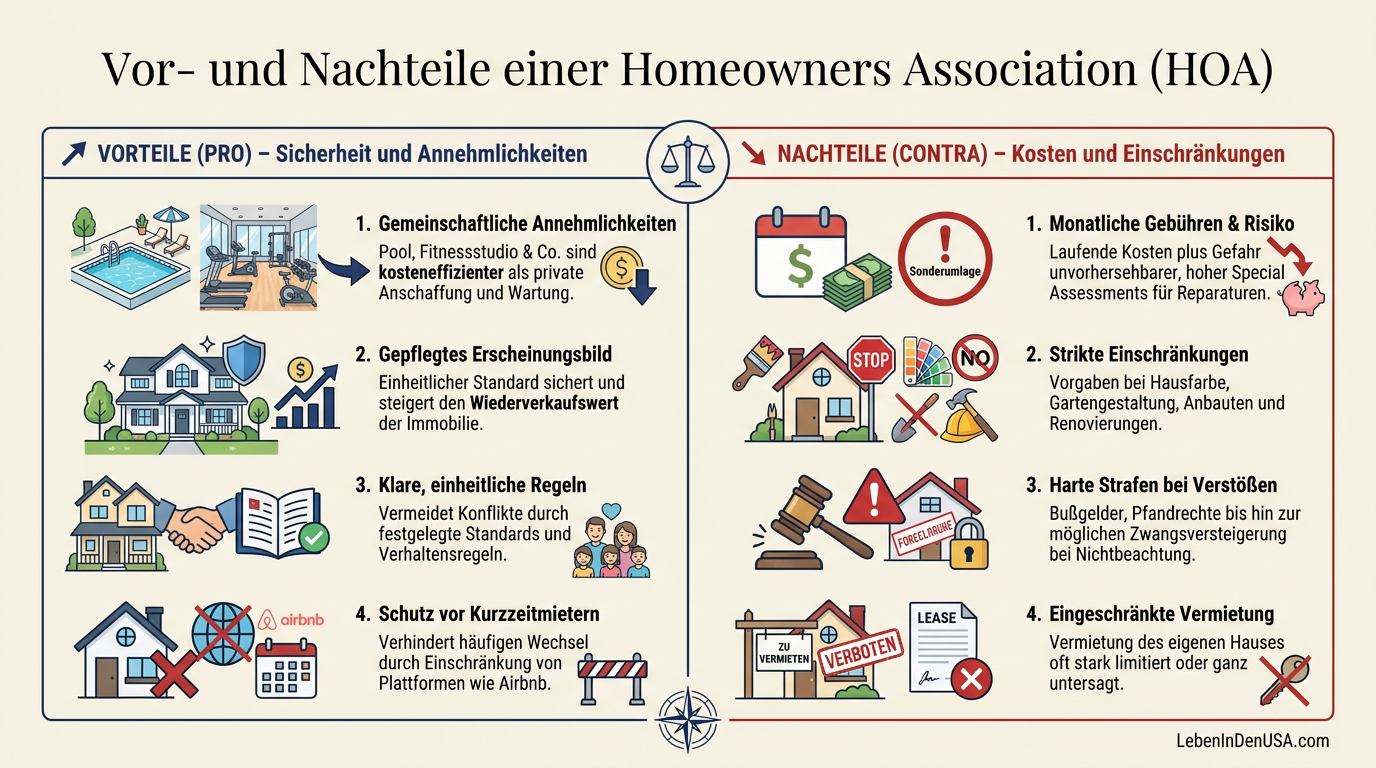Infografik mit den Vor- und Nachteilen einer HOA-Gemeinschaft beim Hauskauf in den USA.