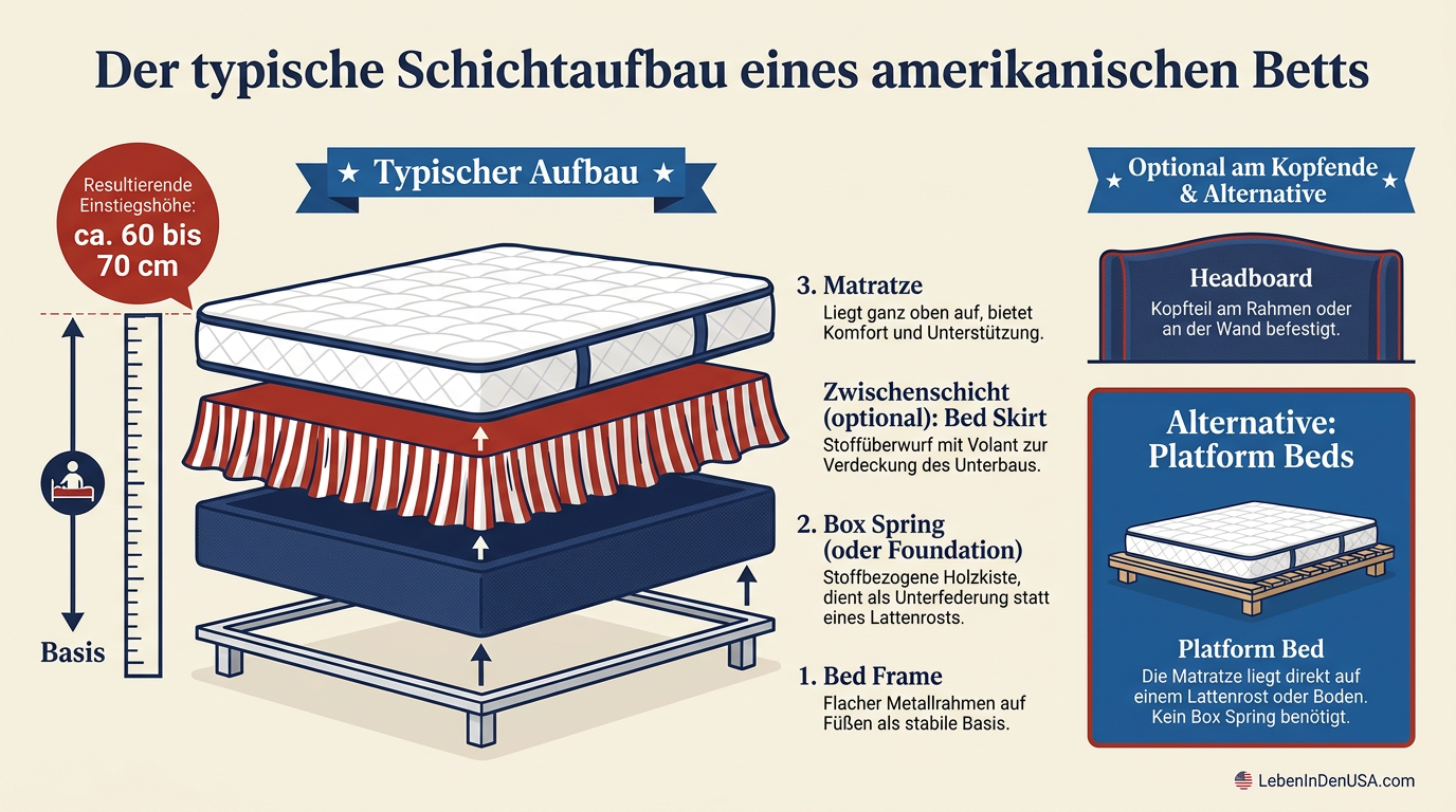 Infografik zum dreischichtigen Aufbau eines amerikanischen Betts bestehend aus Bed Frame, Box Spring und Matratze