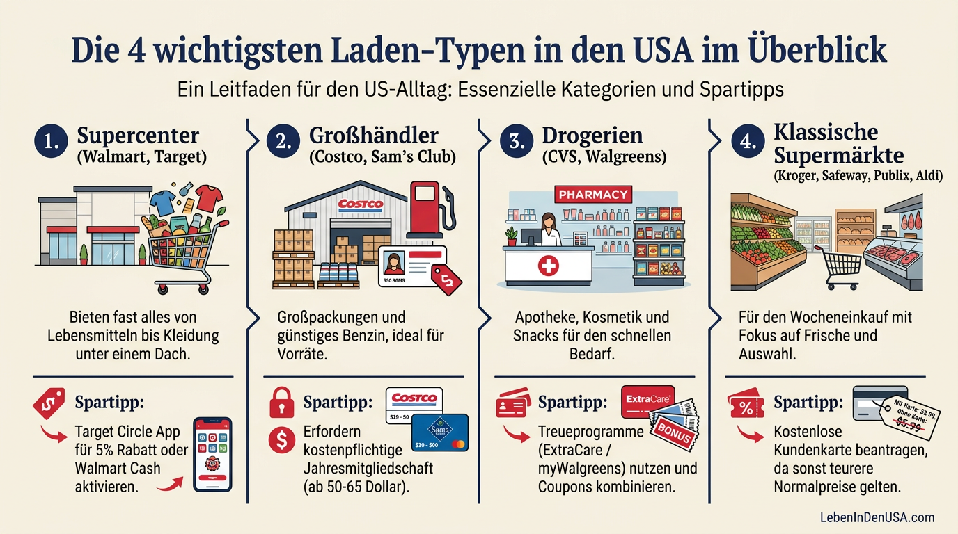 Infografik mit dem Vergleich der vier wichtigsten Ladenketten-Typen in den USA und den besten Spartipps
