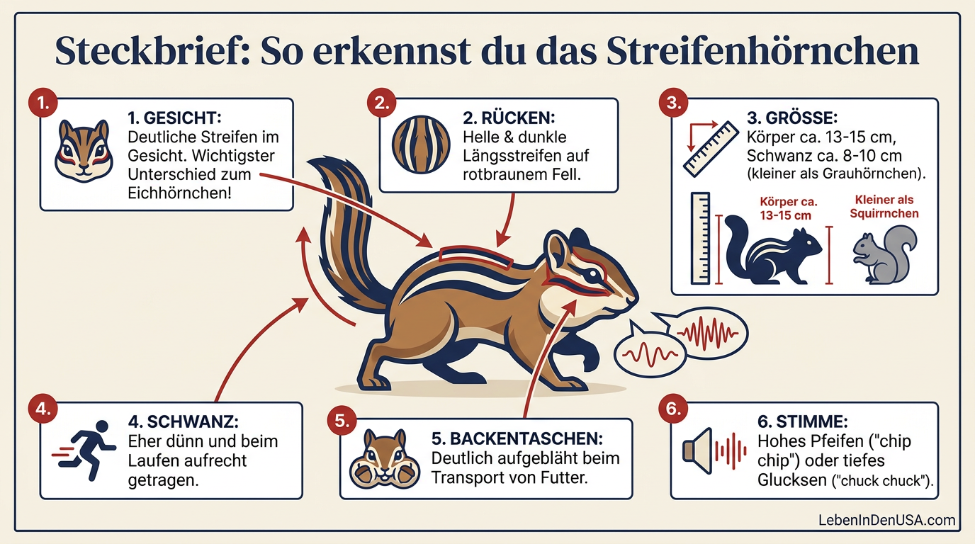 Infografik mit den wichtigsten optischen und akustischen Erkennungsmerkmalen eines Chipmunks im Garten.