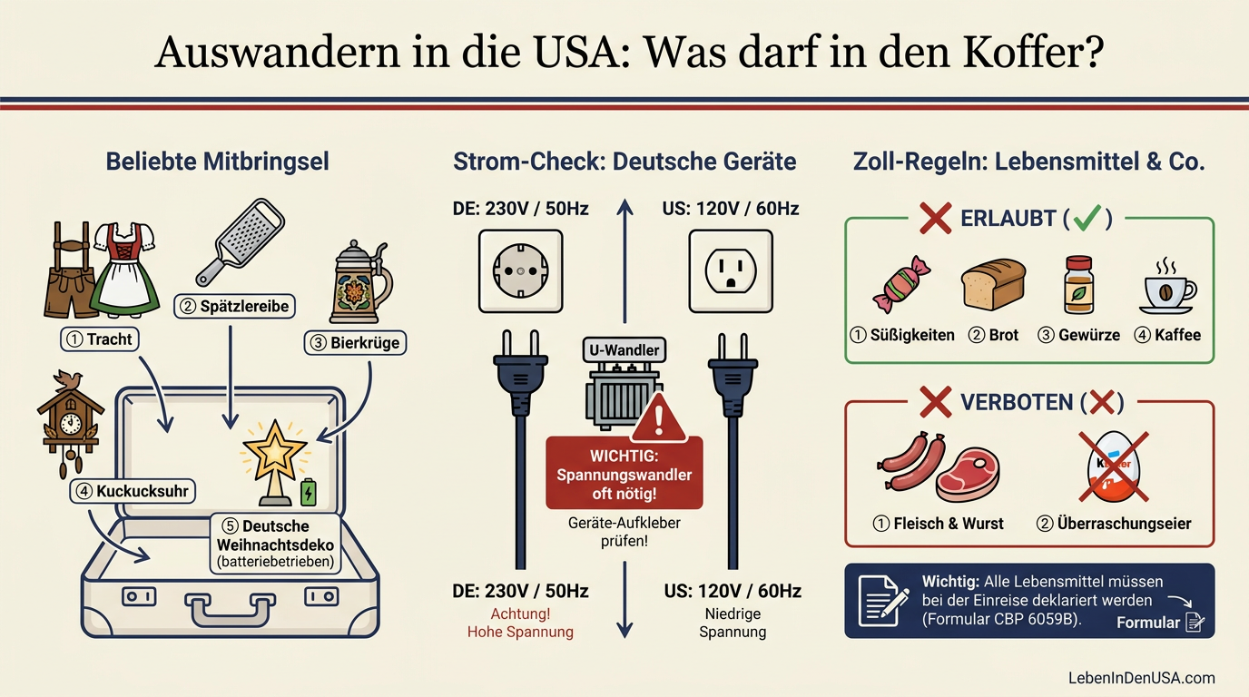 Infografik zu Einfuhrbestimmungen und Packtipps für typisch deutsche Produkte bei der Einreise in die USA.