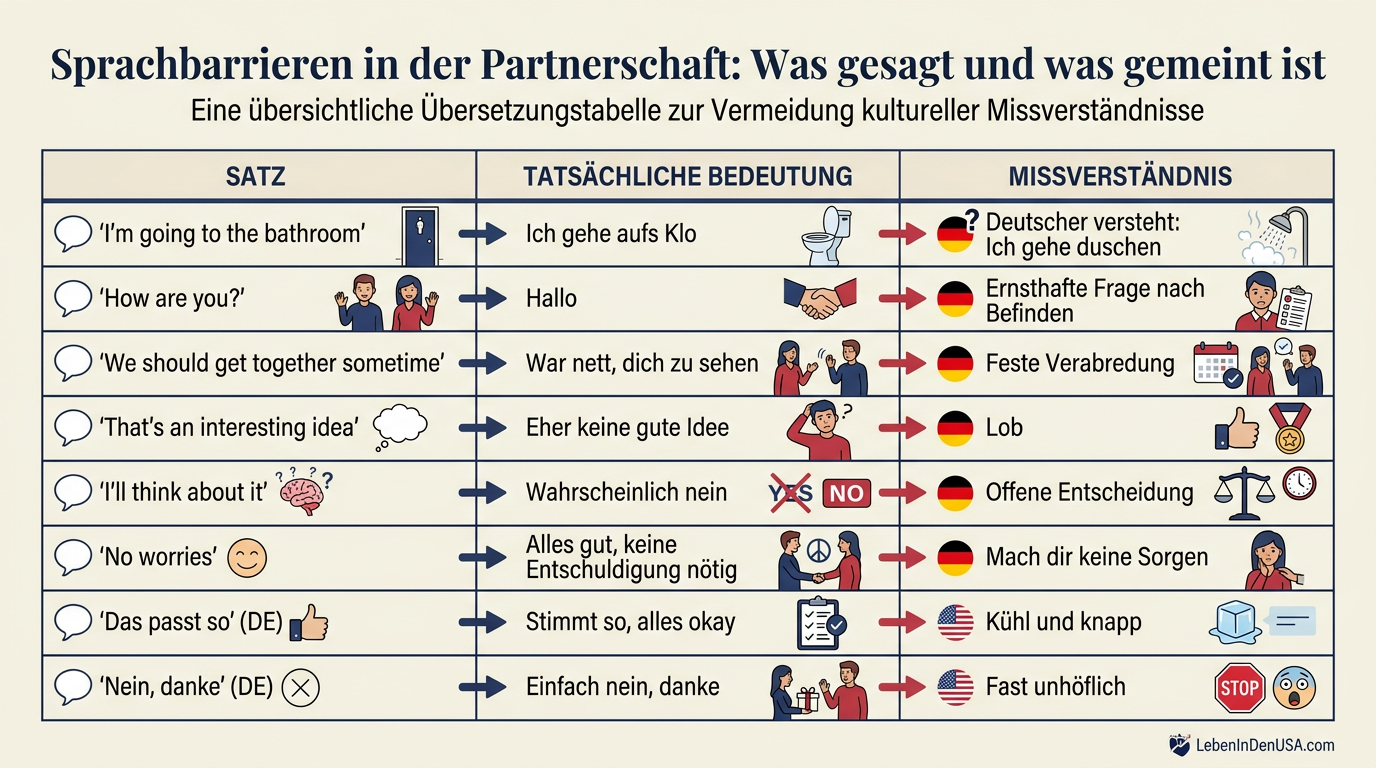 Tabelle mit deutsch-amerikanischen Redewendungen, ihrer echten Bedeutung und den typischen Fehlinterpretationen im Beziehungsalltag.
