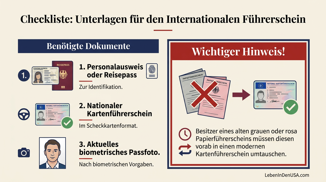 Infografik-Checkliste mit den drei benötigten Dokumenten für den Antrag des internationalen Führerscheins bei der Behörde.