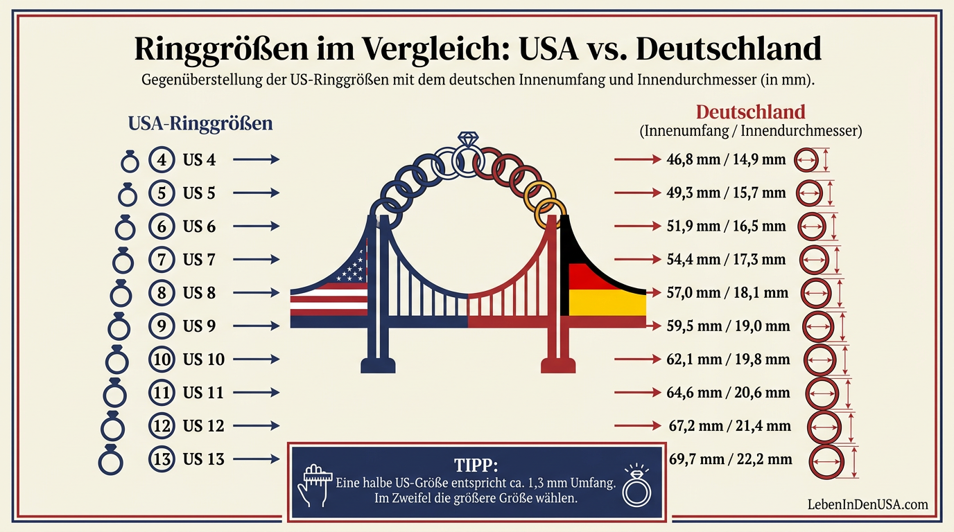 Infografik Tabelle: Umrechnungstabelle für Ringgrößen der USA von Größe 4 bis 13 in deutschen Innenumfang und Innendurchmesser in Millimetern.