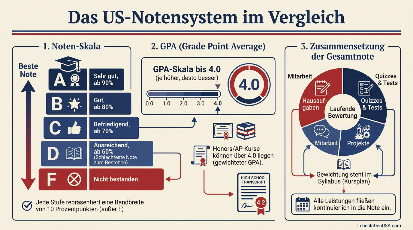 Infografik über das Notensystem in den USA mit den Buchstaben A bis F, Prozentgrenzen und der GPA-Skala.