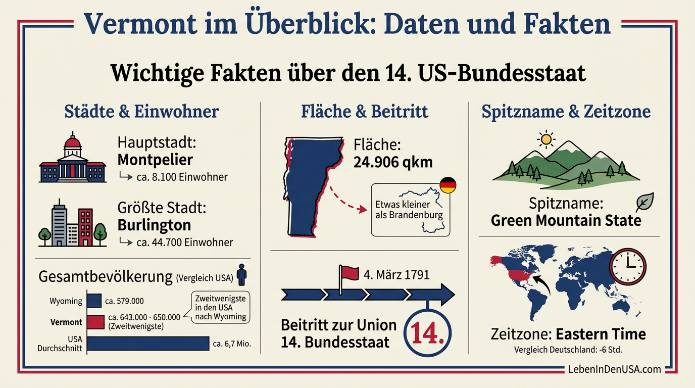 Infografik mit statistischen Daten zum US-Bundesstaat Vermont im Vergleich zu Brandenburg und anderen US-Staaten.