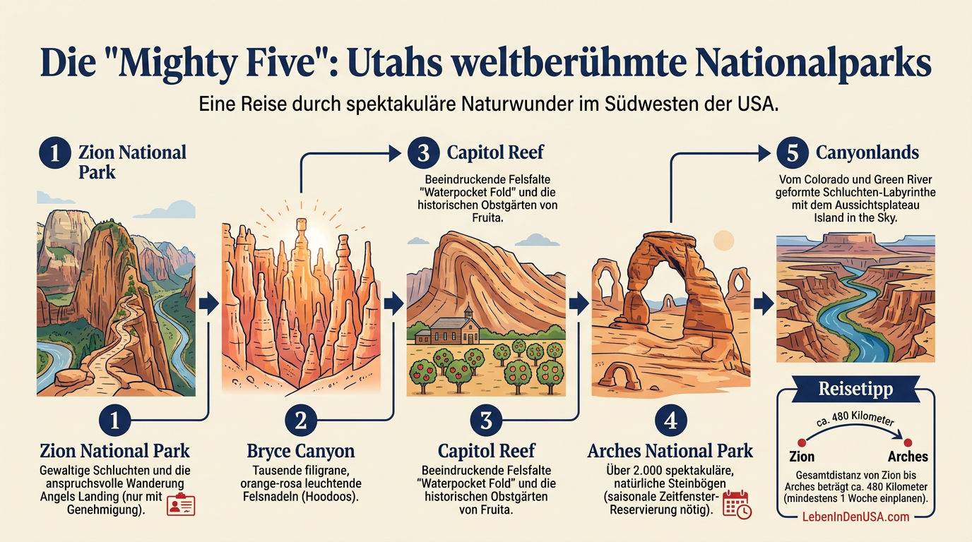 Übersichtsgrafik der fünf bekannten Nationalparks in Utah inklusive Highlights und Reisetipps.