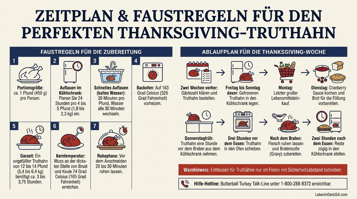 Infografik mit den wichtigsten Zubereitungsregeln, Temperaturen, Auftauzeiten und einem detaillierten Ablaufplan für den Thanksgiving-Truthahn.