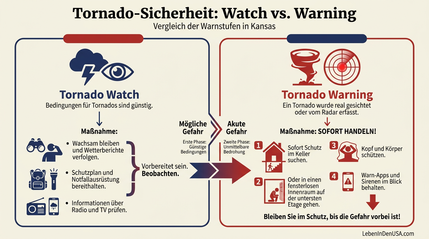 Infografik zum Verhalten bei Tornado Watch und Tornado Warning in Kansas.