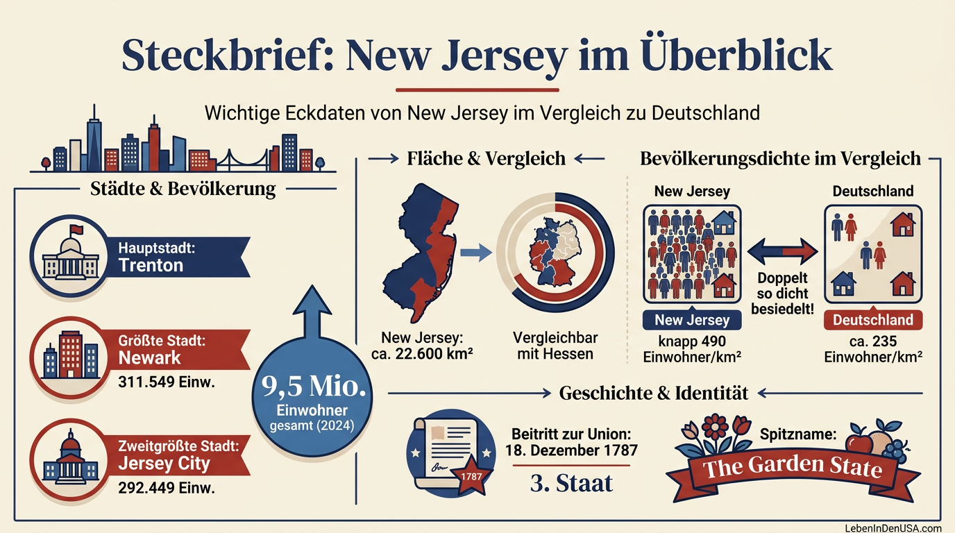 Infografik mit dem Steckbrief von New Jersey im Vergleich zu Deutschland, inklusive Einwohnerzahl, Fläche und Bevölkerungsdichte.