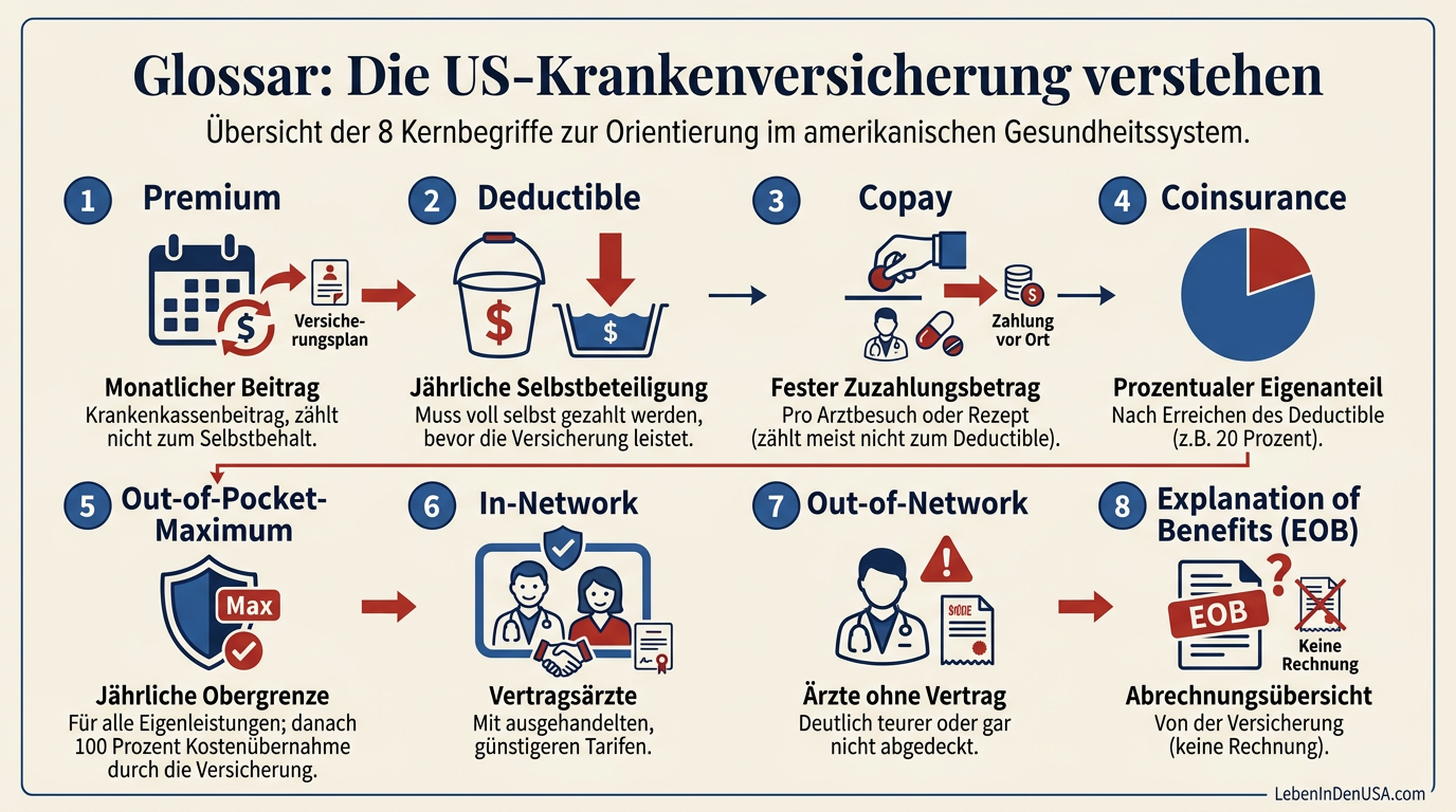 Übersichtsgrafik zu den wichtigsten US-Krankenversicherungsbegriffen wie Premium, Deductible, Copay, Coinsurance und Out-of-Pocket-Maximum.