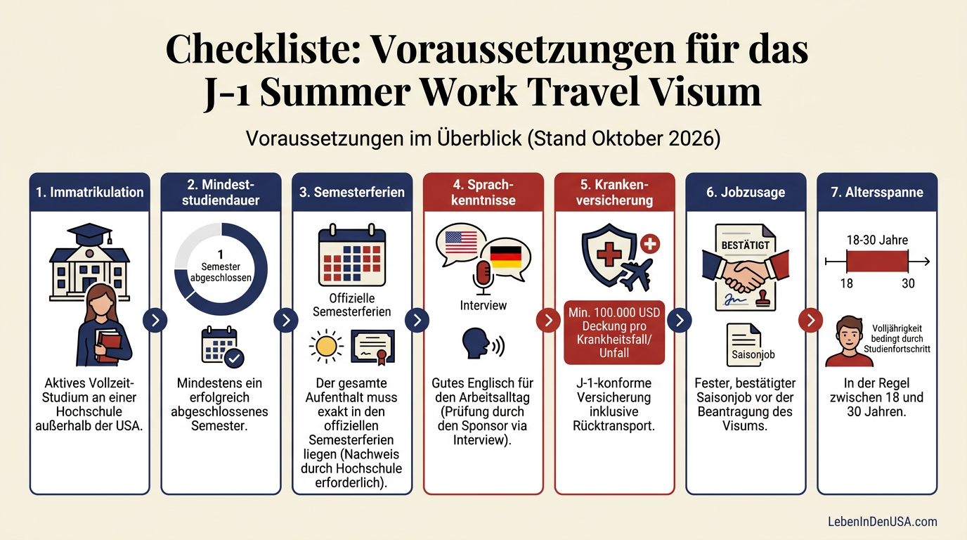 Infografik Checkliste: Diese Voraussetzungen müssen Studierende für das J-1 Summer Work Travel Visum in den USA erfüllen.