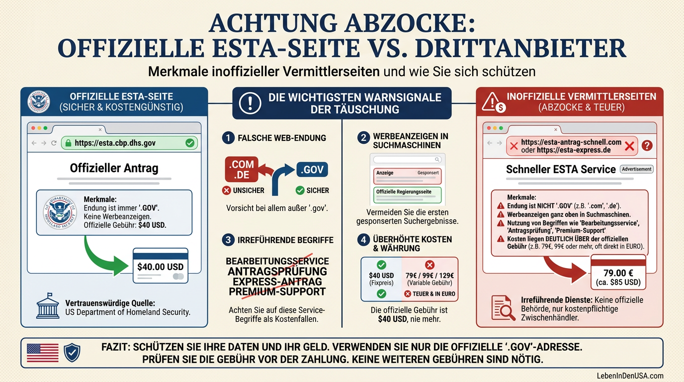 Infografik mit Tipps, wie man betrügerische bzw. überteuerte ESTA-Vermittlerseiten im Internet erkennt und meidet.
