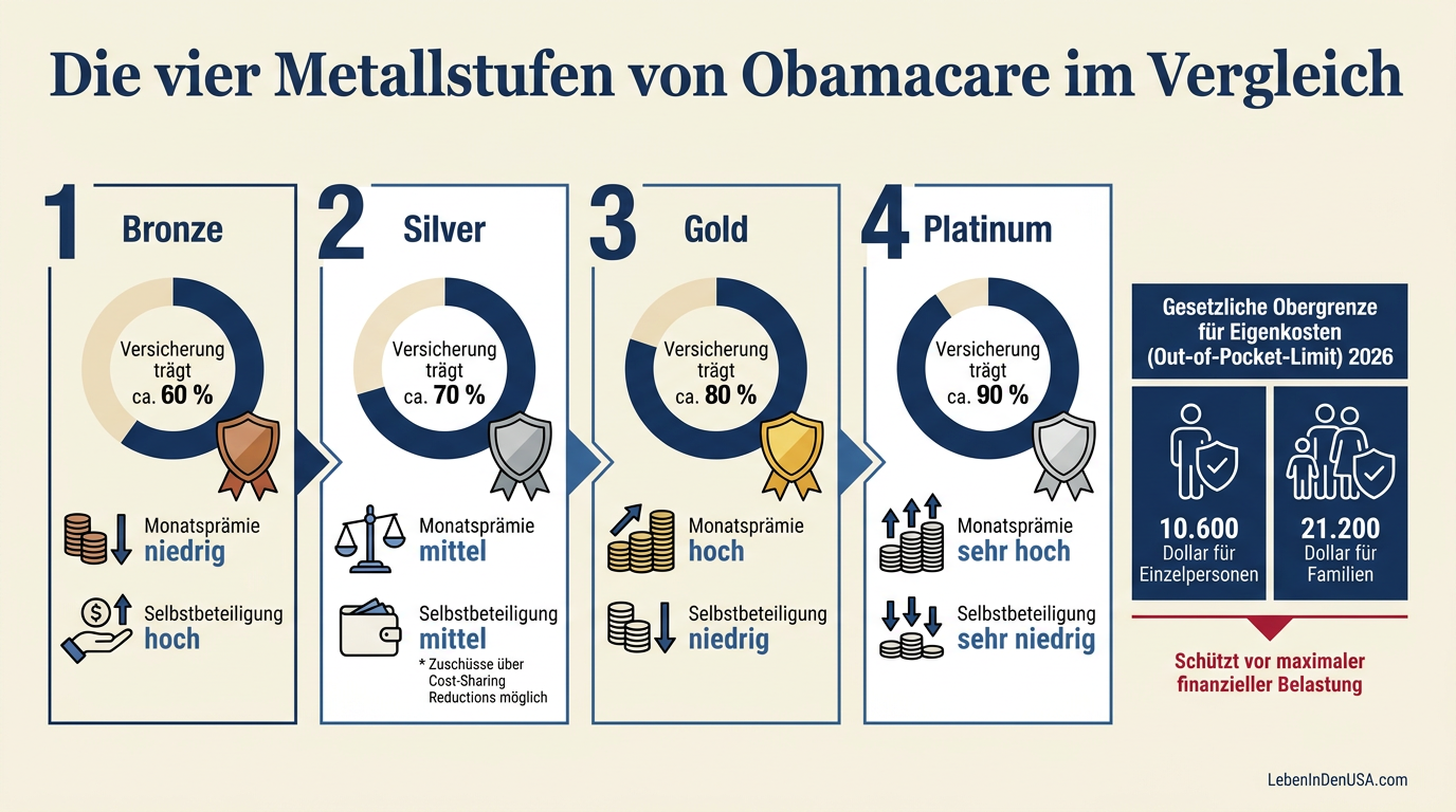 Vergleichstabelle der Obamacare-Metallstufen Bronze, Silver, Gold und Platinum hinsichtlich Kostenübernahme, Prämie und Selbstbeteiligung.