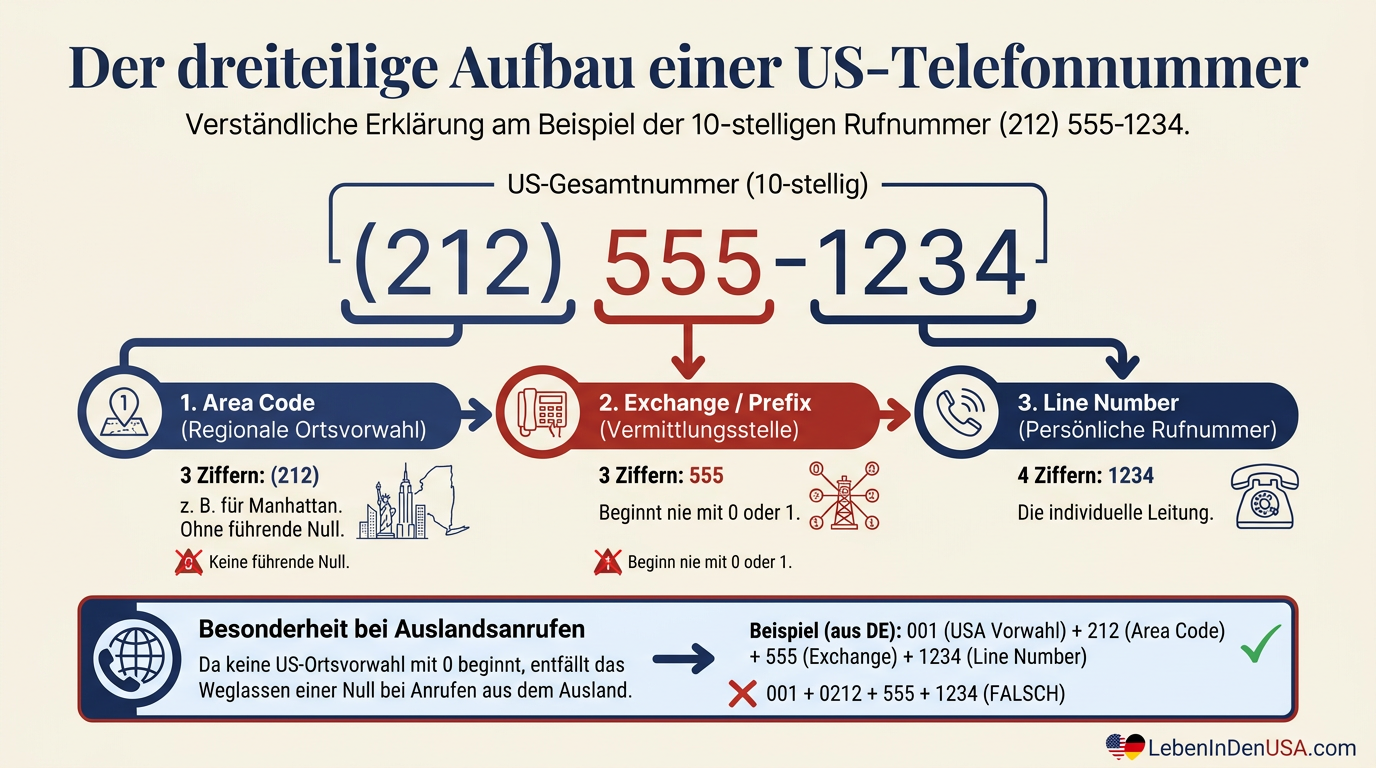 Infografik: Visualisierung der US-Nummernstruktur mit Area Code, Exchange und Line Number.