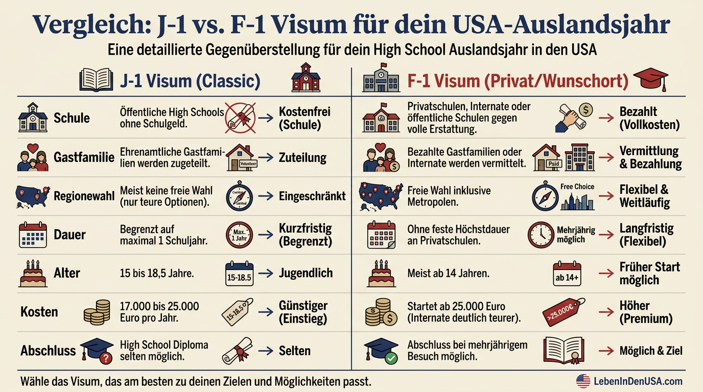 Infografik zum Vergleich zwischen J-1 und F-1 Visum für den Schüleraustausch in den USA hinsichtlich Kosten, Regionenwahl und Schulform.