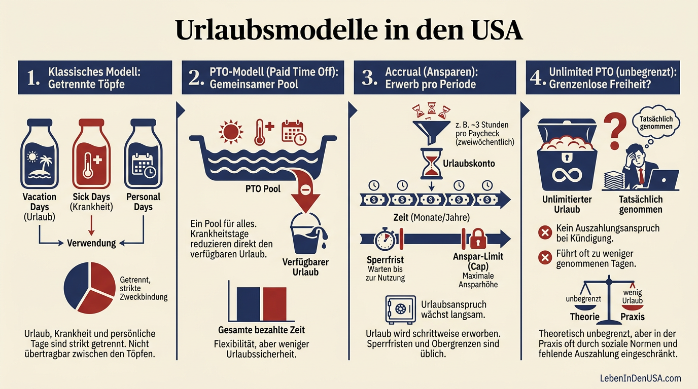 Infografik zu den vier Urlaubsmodellen in den USA: Klassisch, PTO, Accrual und Unlimited PTO.