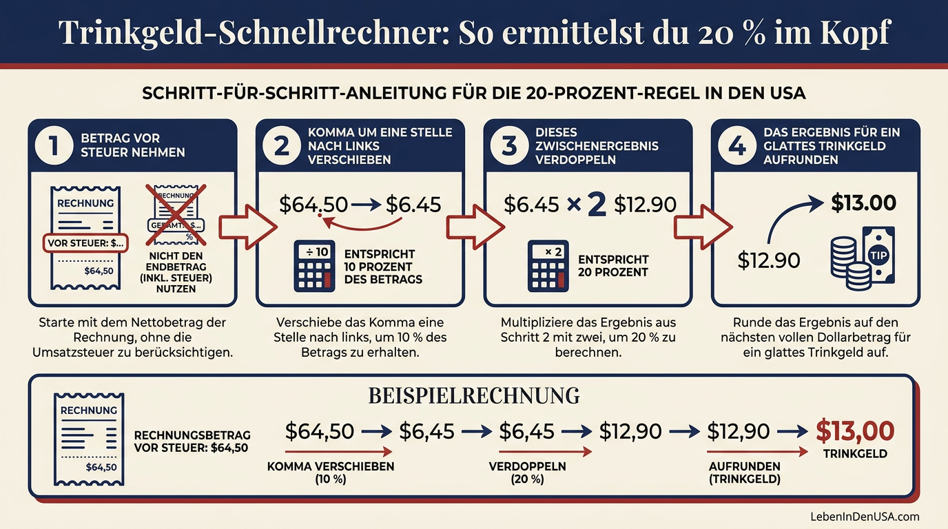 Infografik zur einfachen Berechnung von 20 Prozent Trinkgeld im Kopf am Beispiel von 64,50 Dollar.