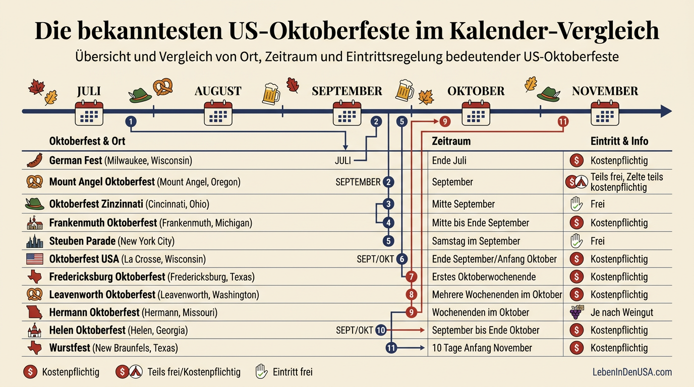 Infografik: Tabelle über die bekanntesten Oktoberfeste in den USA mit Ort, üblicher Veranstaltungszeit und Eintrittsbedingungen.