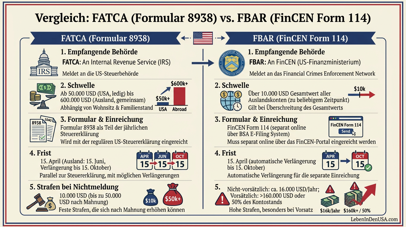 Vergleichstabelle zwischen FATCA (Formular 8938) und FBAR (FinCEN Form 114) bezüglich Behörden, Schwellenwerten, Formularen, Fristen und Strafen.