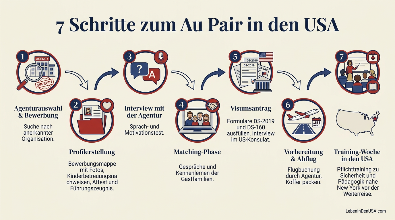 Infografik: Ablauf des Bewerbungs- und Vorbereitungsprozesses für ein Au Pair Jahr in den USA in 7 Schritten.