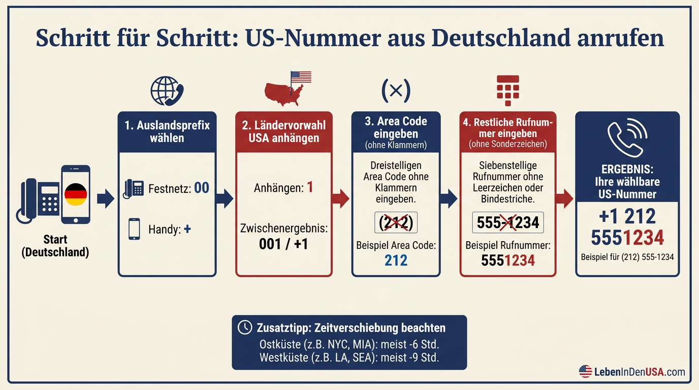 Infografik: Schritt-für-Schritt-Anleitung zur richtigen Wahl einer US-Telefonnummer aus Deutschland.